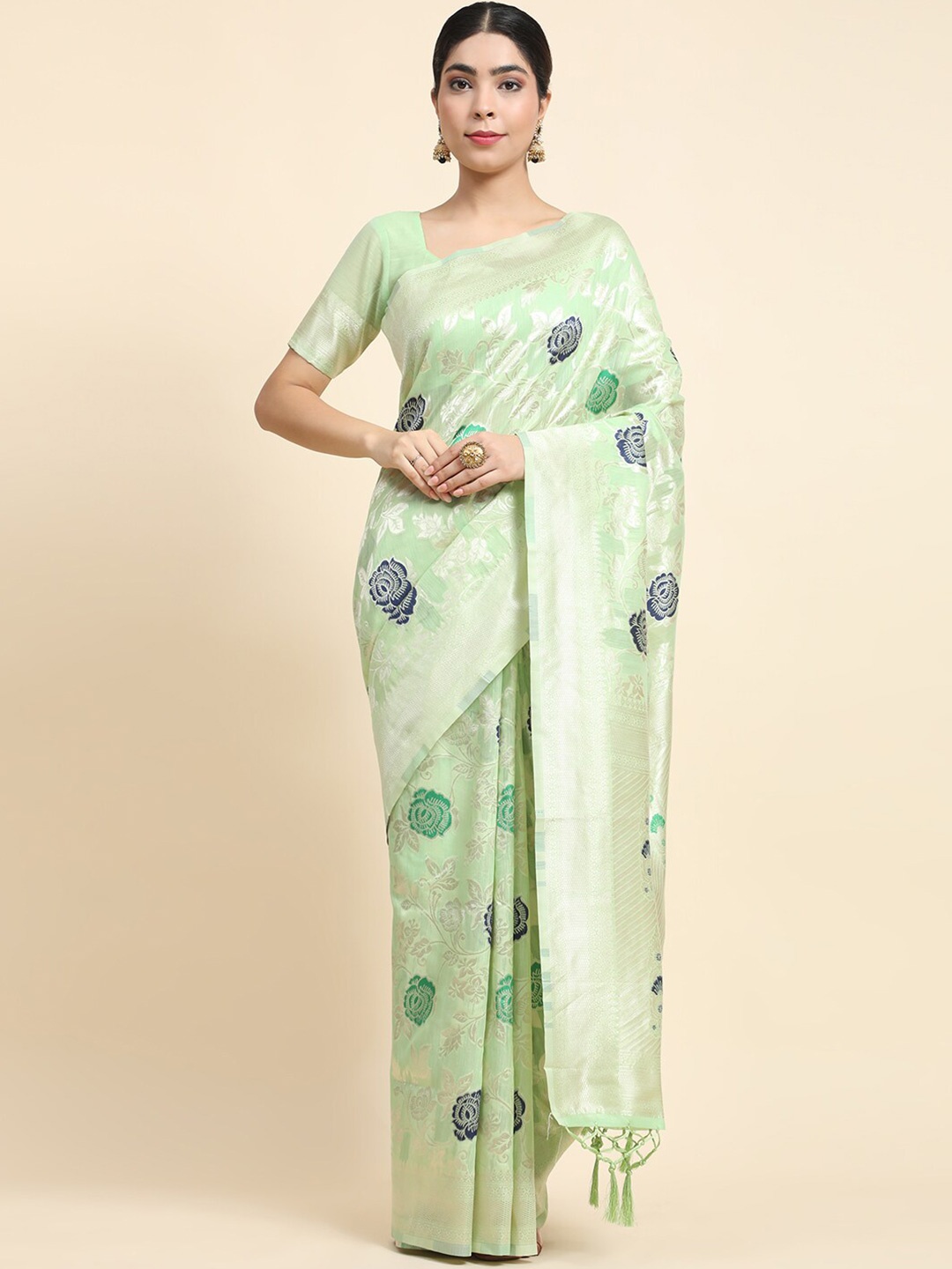 

VANAKARA Floral Zari Woven Design Banarasi Saree, Green