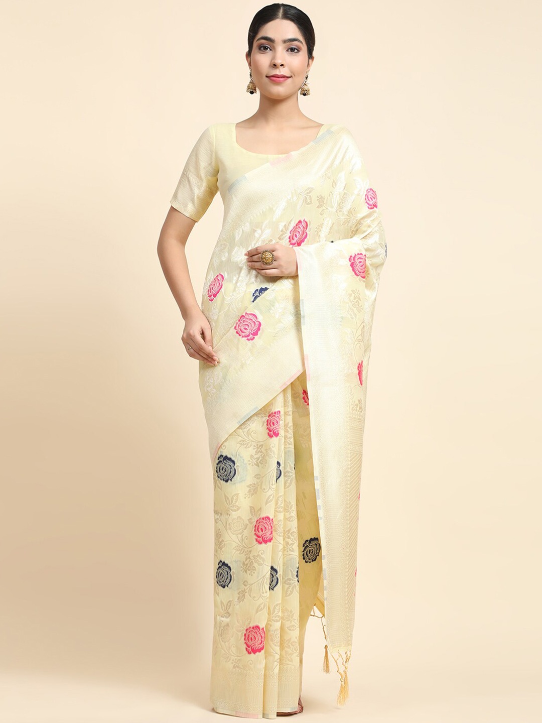 

VANAKARA Floral Woven Design Zari Banarasi Saree, Yellow