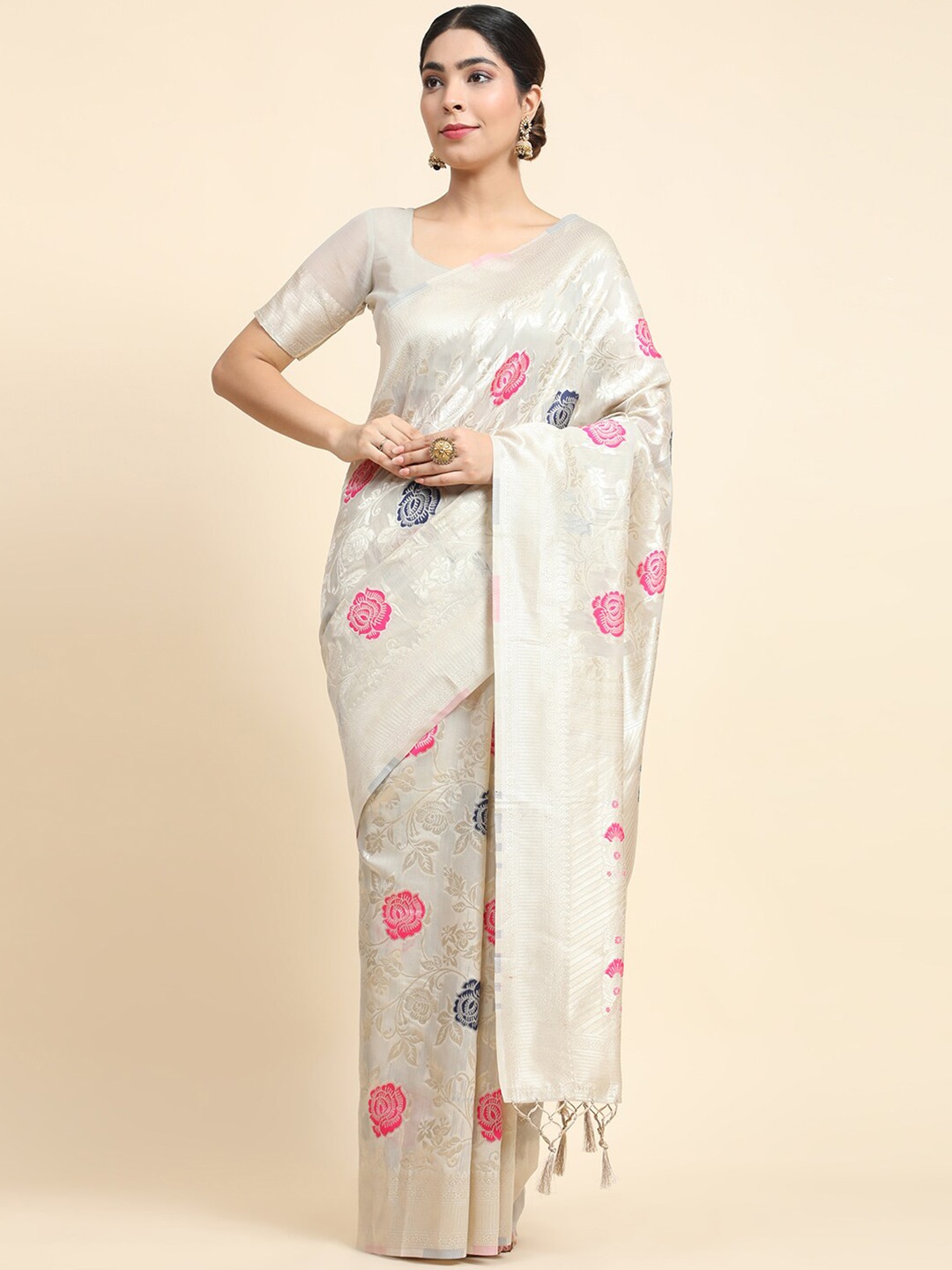 

VANAKARA Floral Woven Design Zari Banarasi Saree, Grey