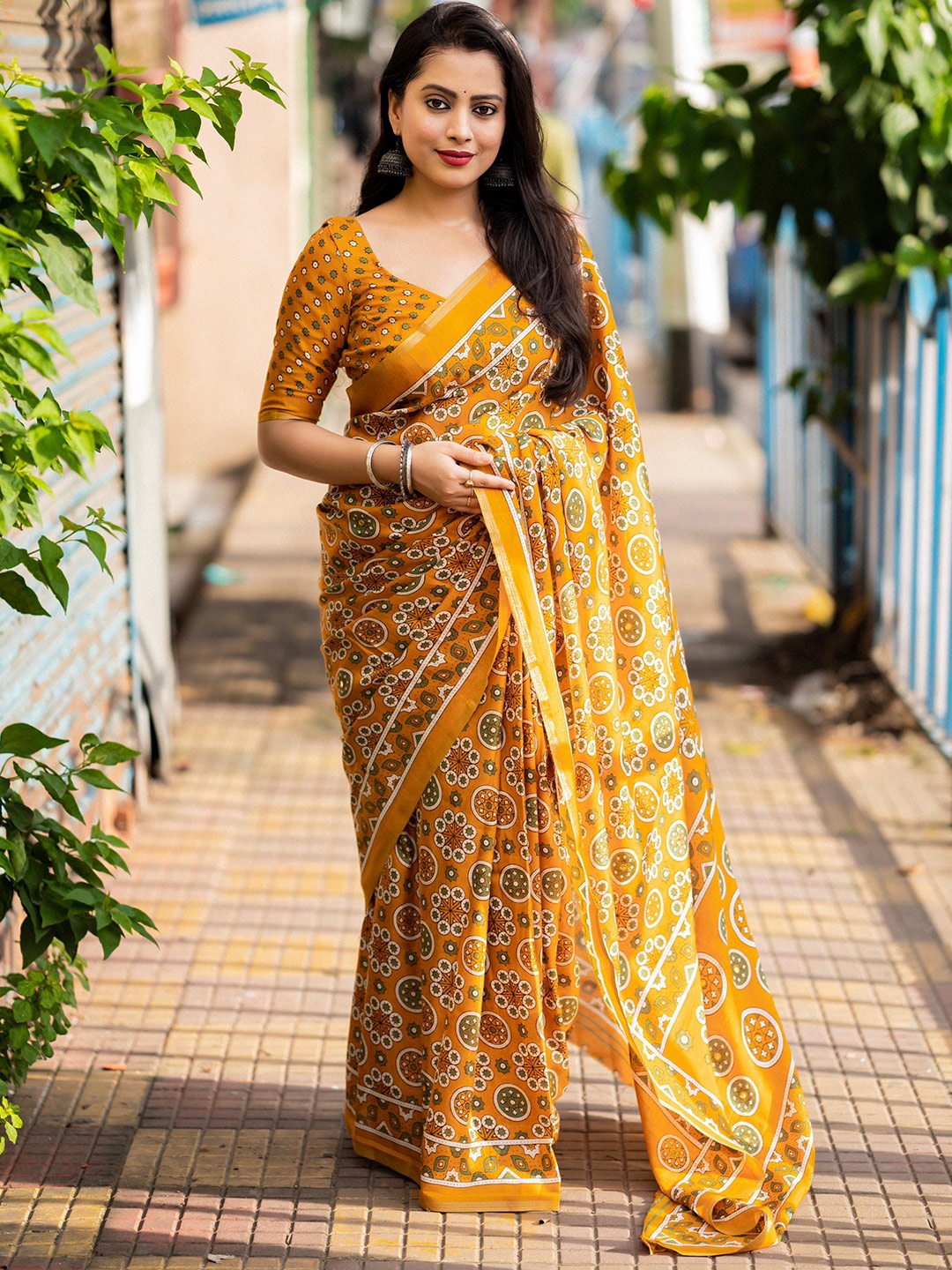 

STAVA CREATION Ajrak Block Designer Saree, Mustard