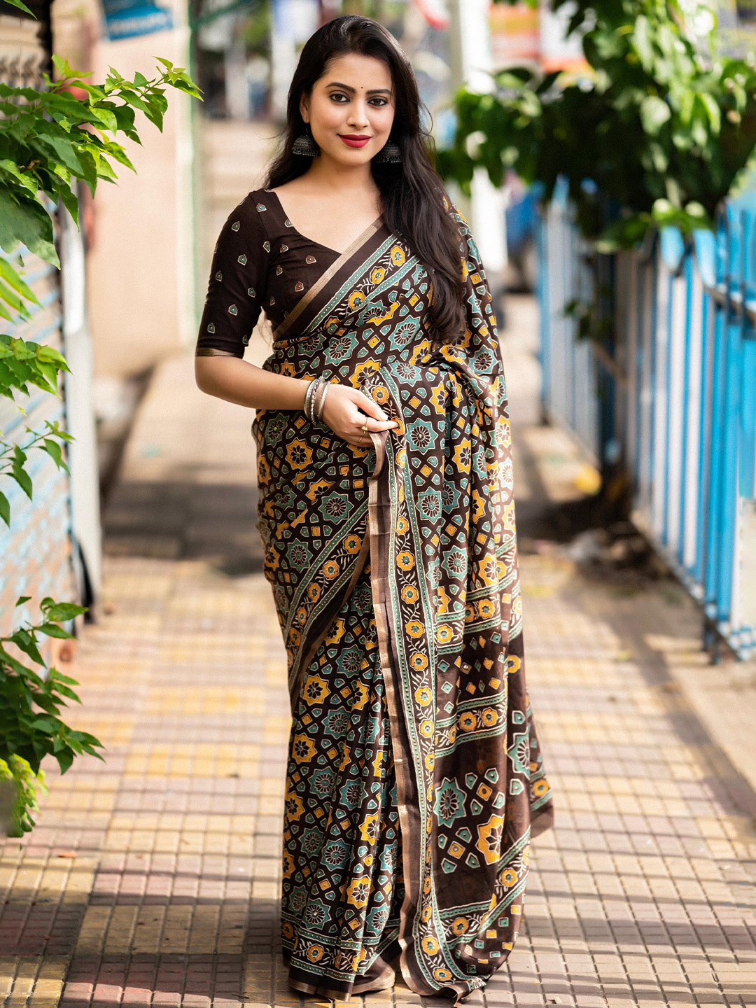 

STAVA CREATION Ajrak Block Designer Saree, Brown