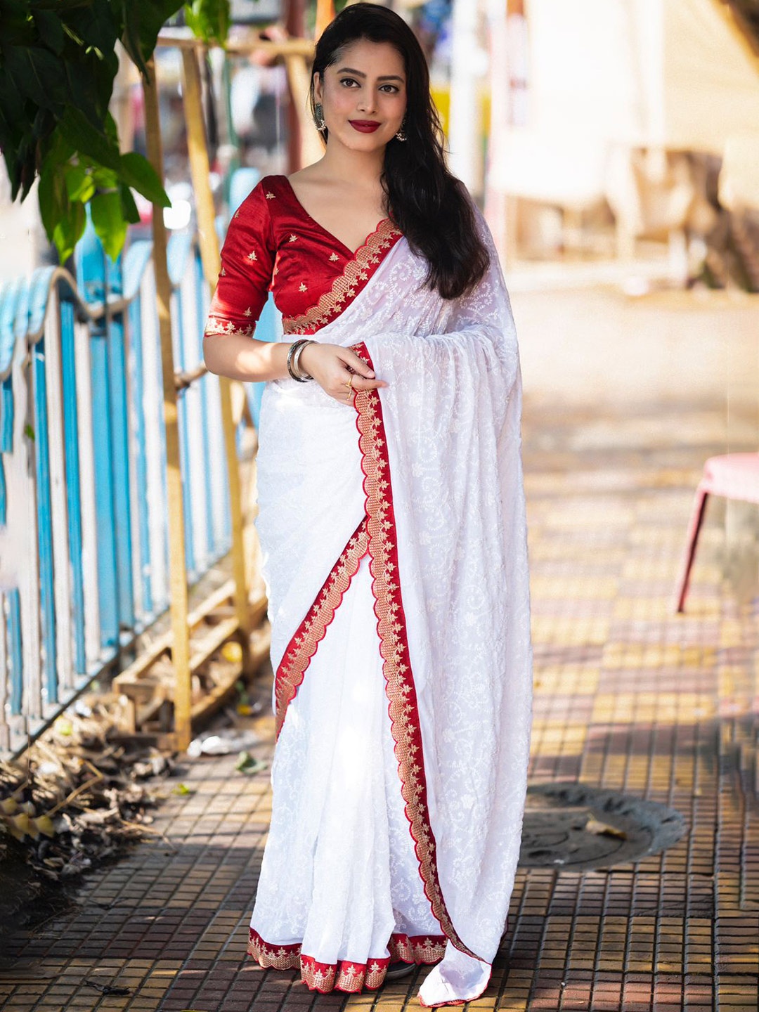 

STAVA CREATION Woven Design Embroidered Pure Georgette Designer Saree, White