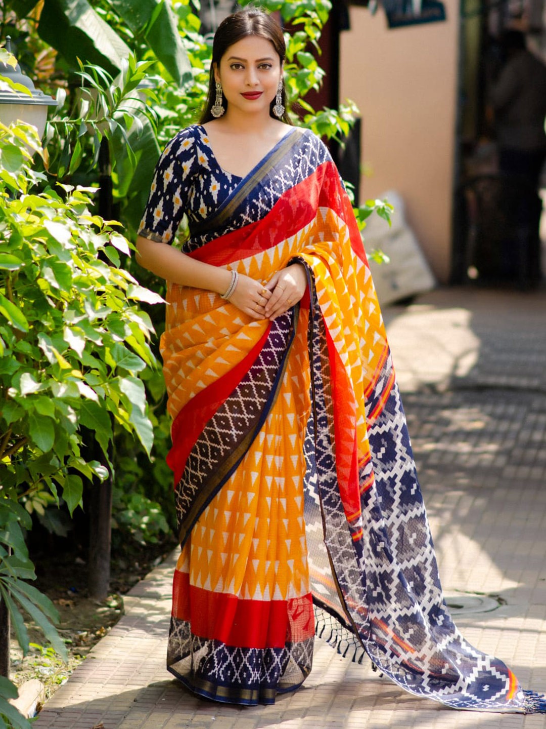 

STAVA CREATION Ethnic Motifs Designer Ikat Saree, Yellow