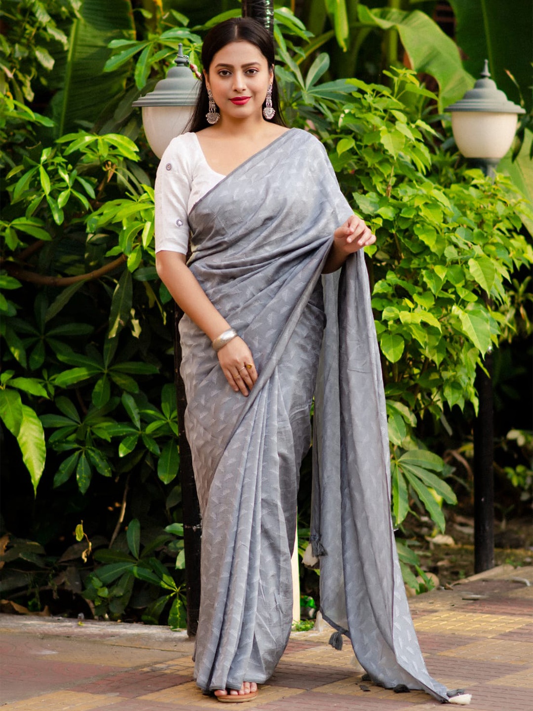 

STAVA CREATION Woven Design Poly Georgette Designer Saree, Grey