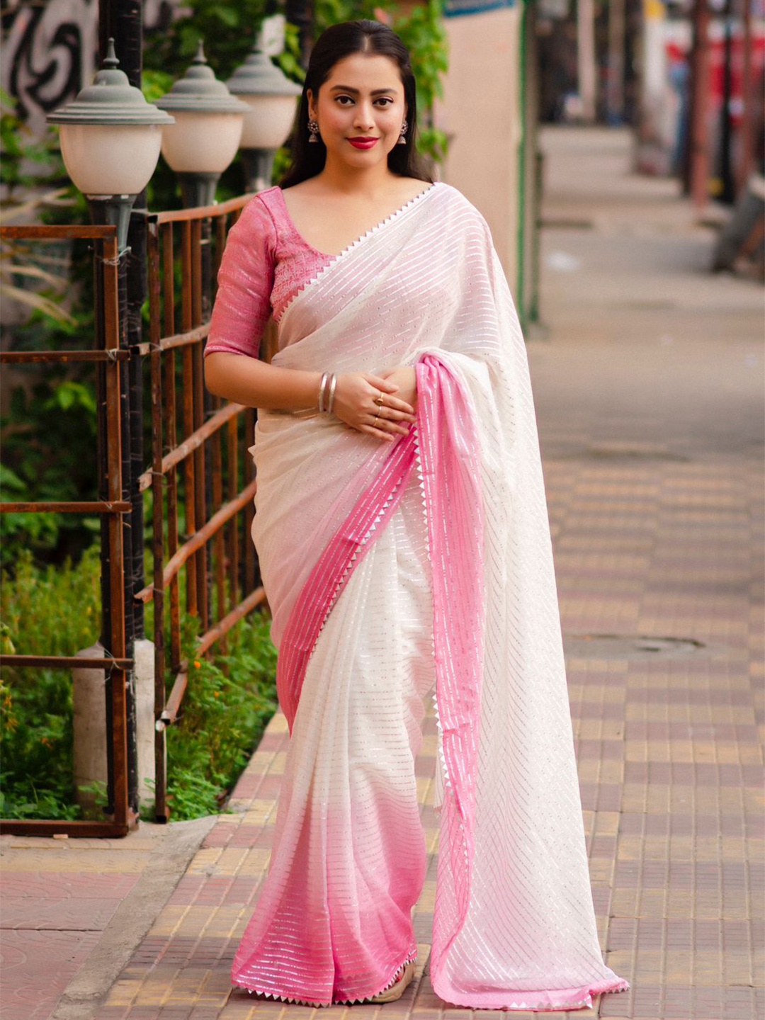 

STAVA CREATION Striped Zari Poly Chiffon Designer Saree, Pink