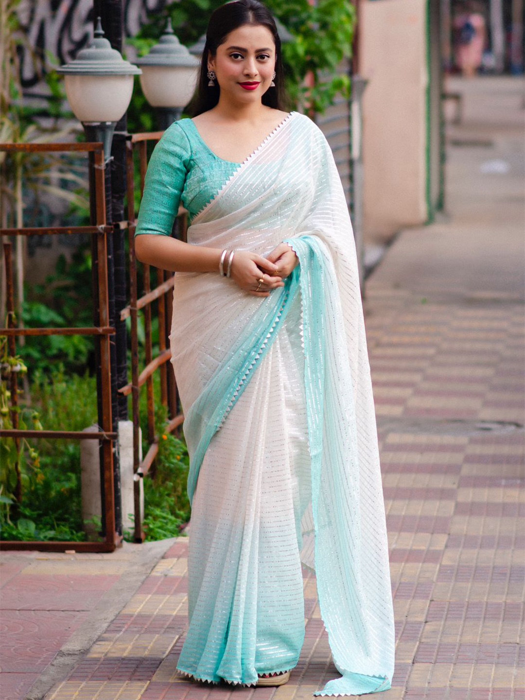 

STAVA CREATION Striped Zari Poly Chiffon Designer Saree, Green