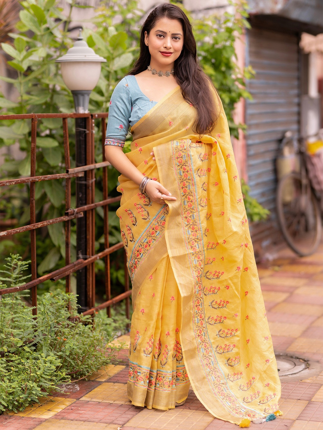 

STAVA CREATION Ethnic Motifs Embroidered Pure Linen Designer Saree, Yellow