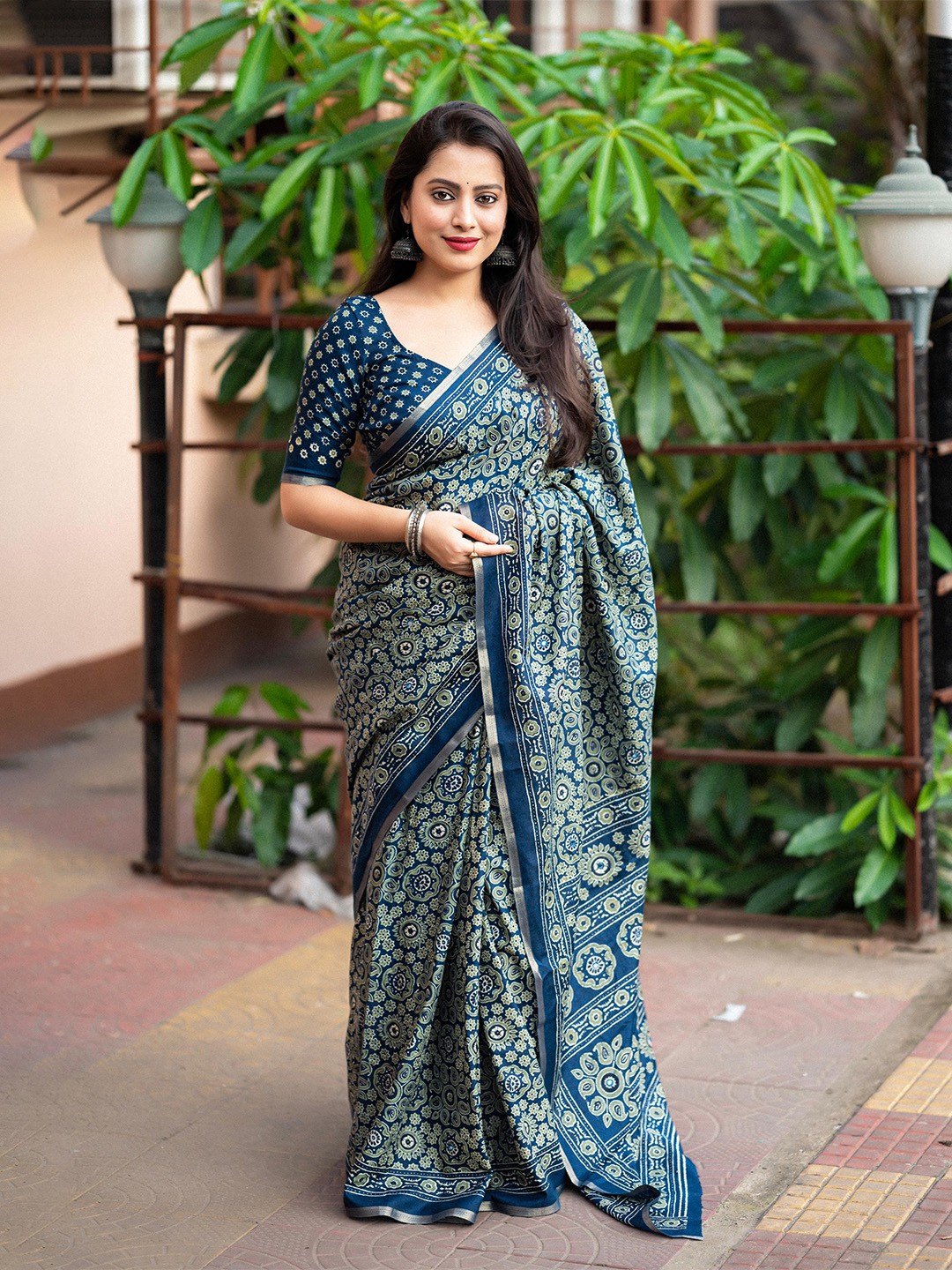 

STAVA CREATION Ajrak Block Designer Saree, Blue