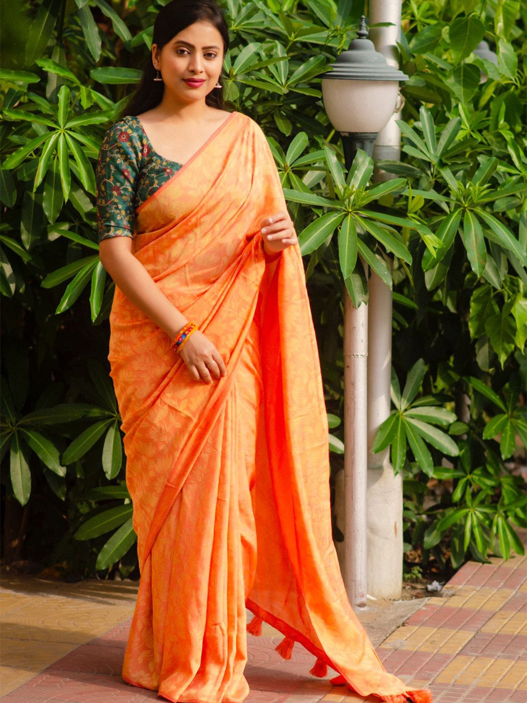 

STAVA CREATION Woven Design Jute Silk Designer Saree, Orange