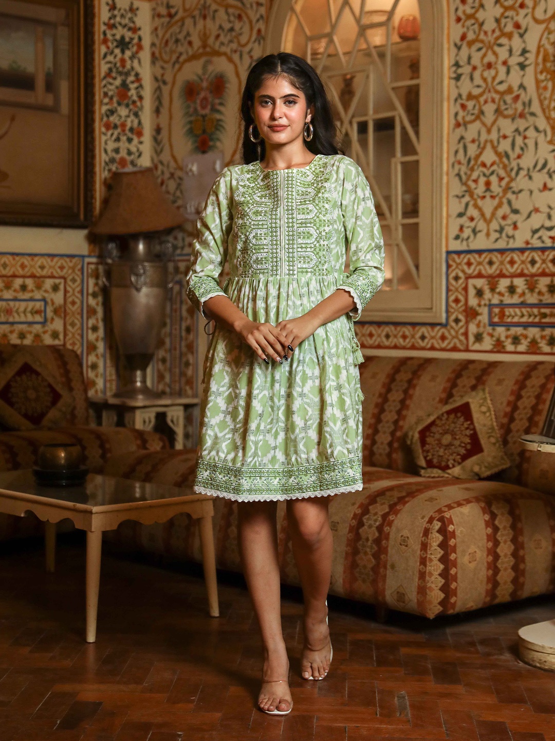 

KALINI Ethnic Motifs Printed Cotton A-Line Ethnic Dress, Green