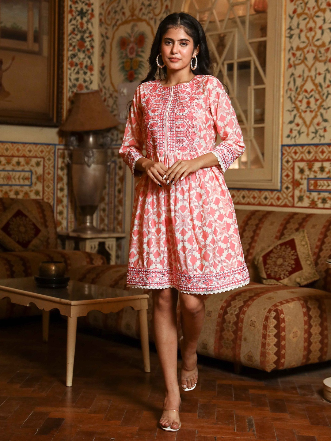 

KALINI Ethnic Motifs Printed Cotton A-Line Ethnic Dress, Pink
