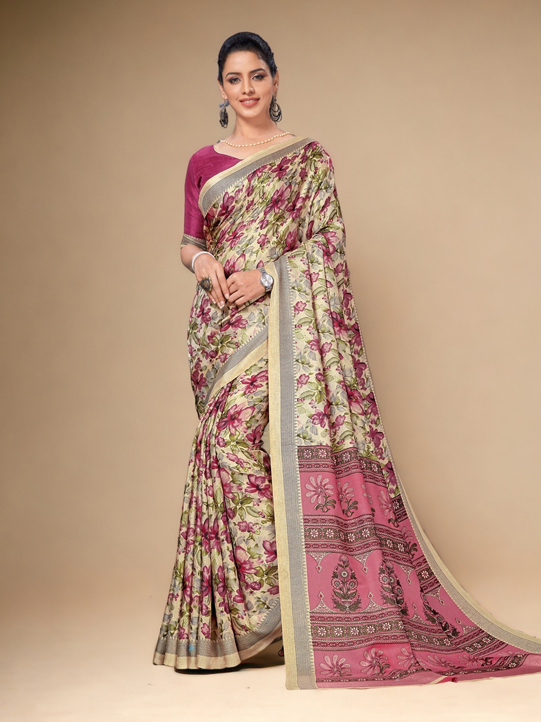 

Vipra Designer Floral Printed Banarasi Saree, Cream