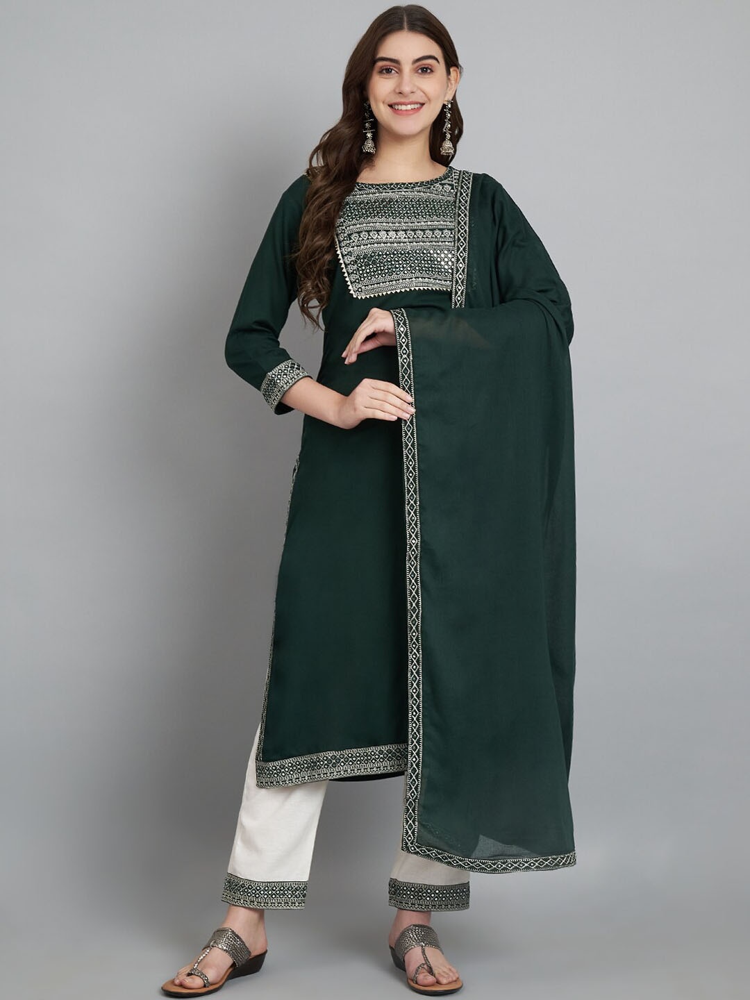 

KALINI Ethnic Motifs Embroidered Regular Kurta with Trousers & Dupatta, Green