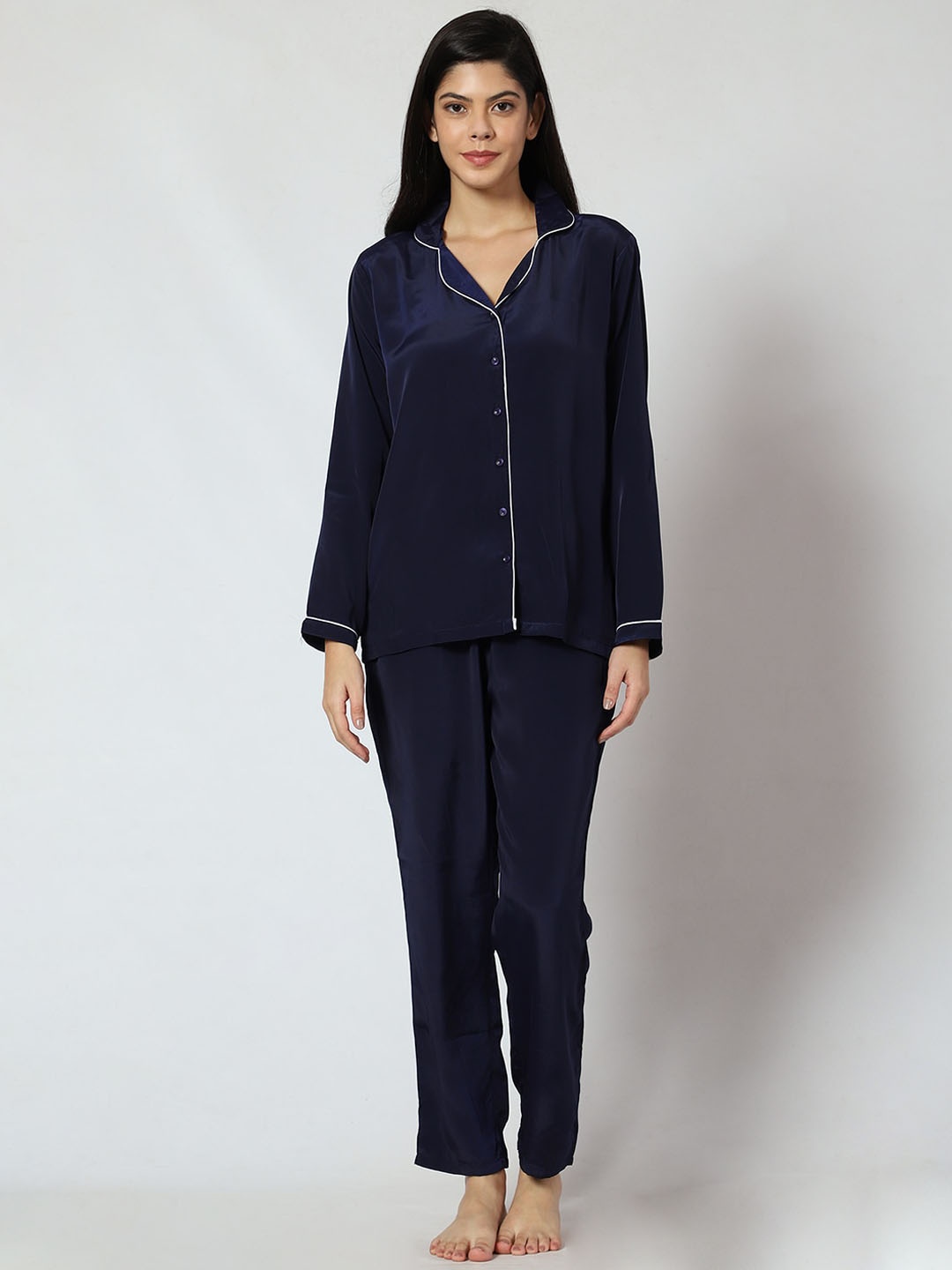 

Urban Komfort Lapel Collar Satin Night suit, Navy blue