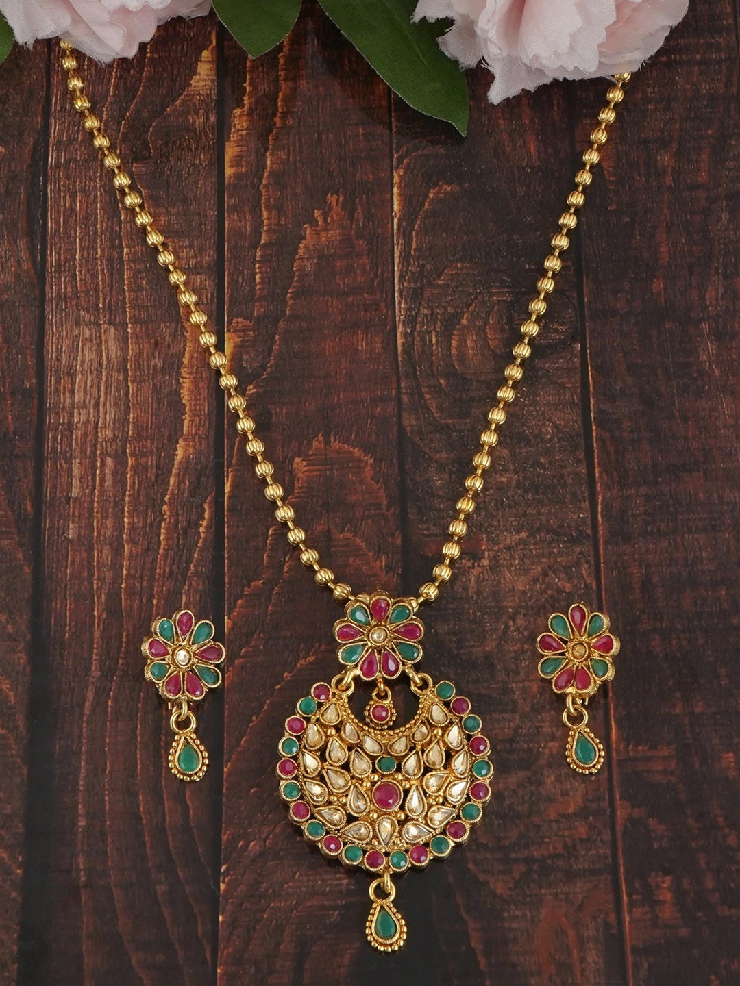 

MANSIYAORANGE Gold Plated Stones Studded & Beaded Pendant Chain Set