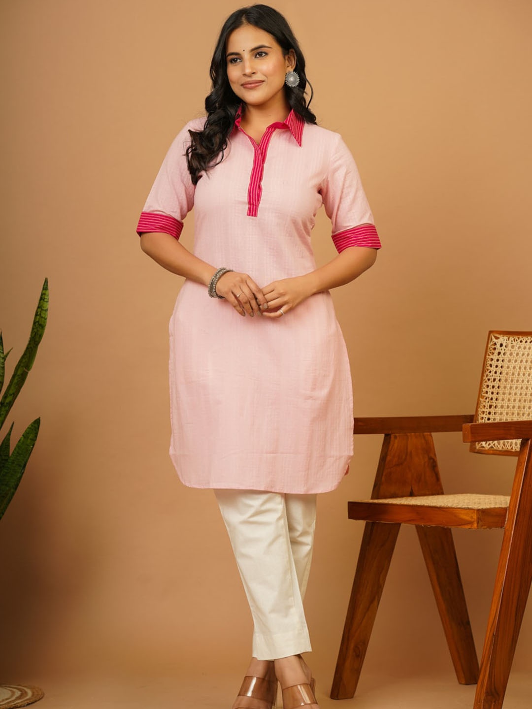 

Adveta Striped Printed Shirt Collar A-Line Cotton Kurta, Pink