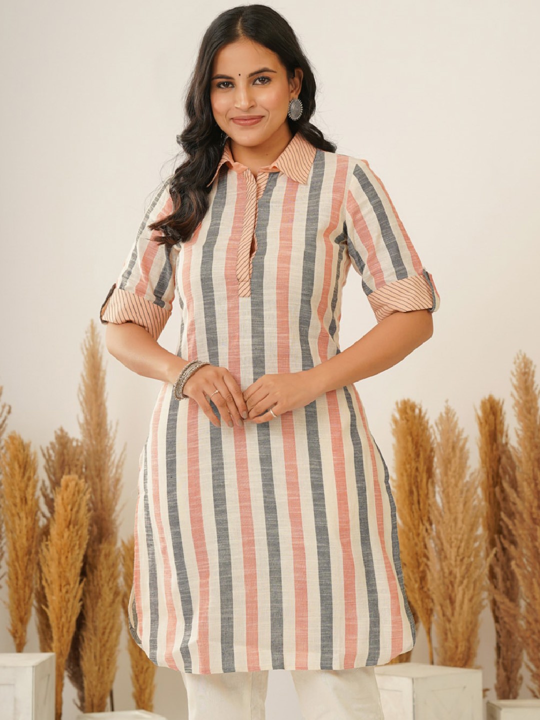 

Adveta Striped Printed Shirt Collar A-Line Cotton Kurta, Peach