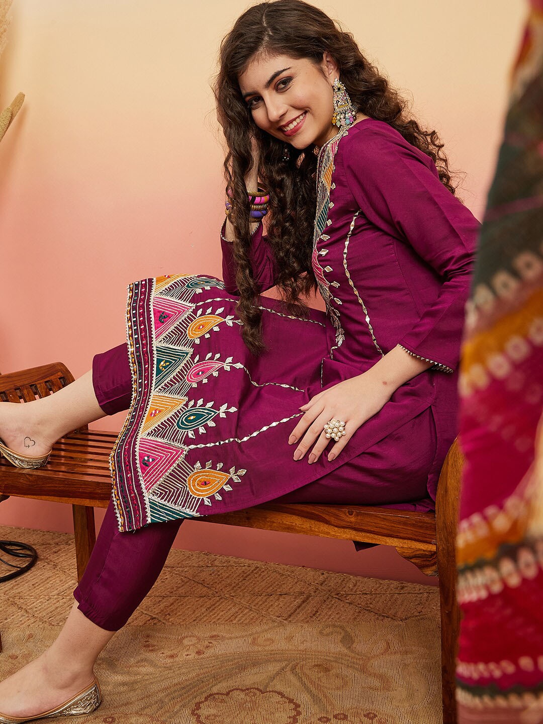 

Sangria Purple Ethnic Motifs Embroidered Gotta Patti Straight Kurta With Trouser & Dupatta