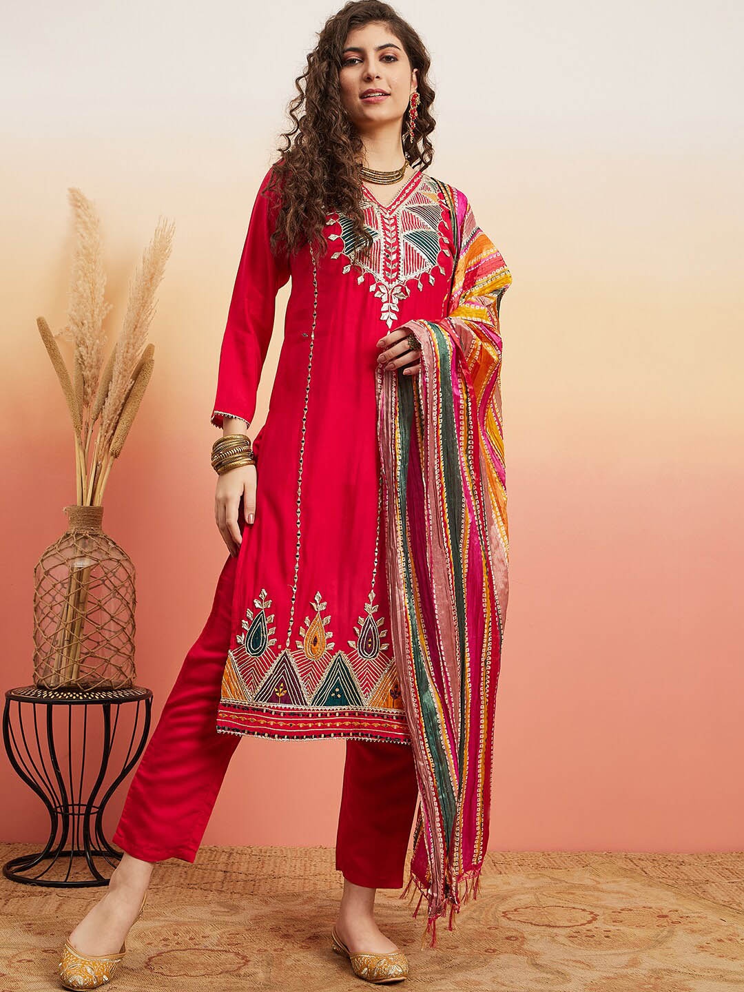 

Sangria Red Ethnic Motifs Embroidered Gotta Patti Straight Kurta With Trouser & Dupatta