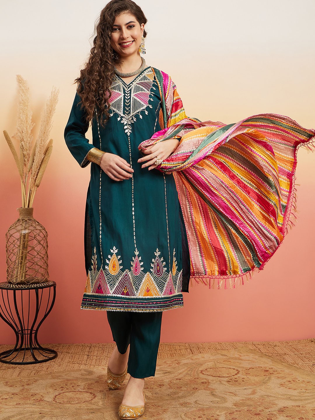 

Sangria Teal Ethnic Motifs Embroidered Gotta Patti Straight Kurta With Trouser & Dupatta