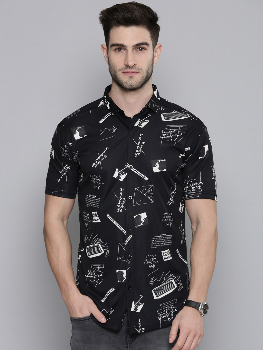 

SMARTEES Slim Fit Conversational Printed Casual Shirt, Black