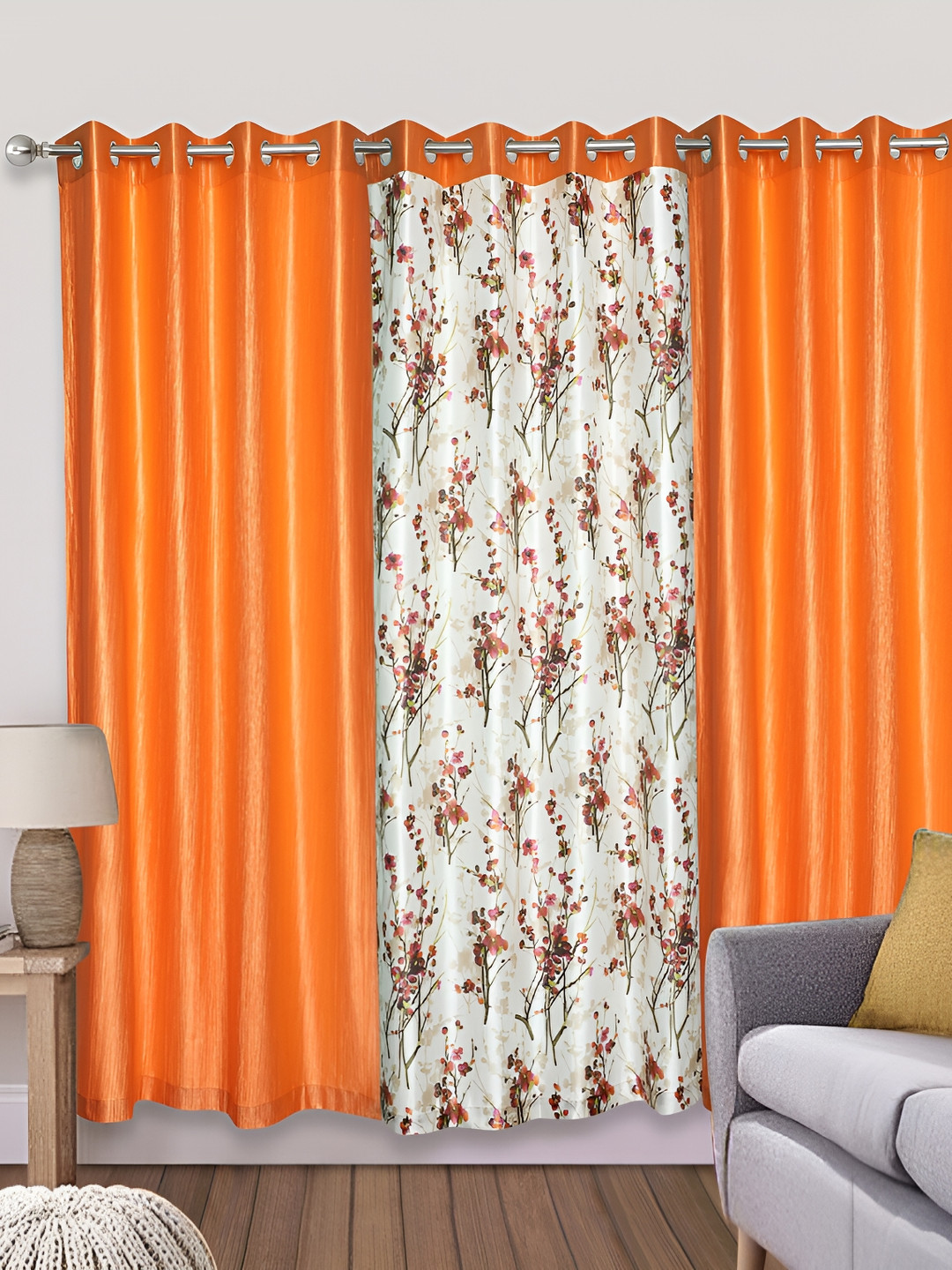 

REYANSH DECOR Orange & White 2 Pieces Floral Regular Door Curtains