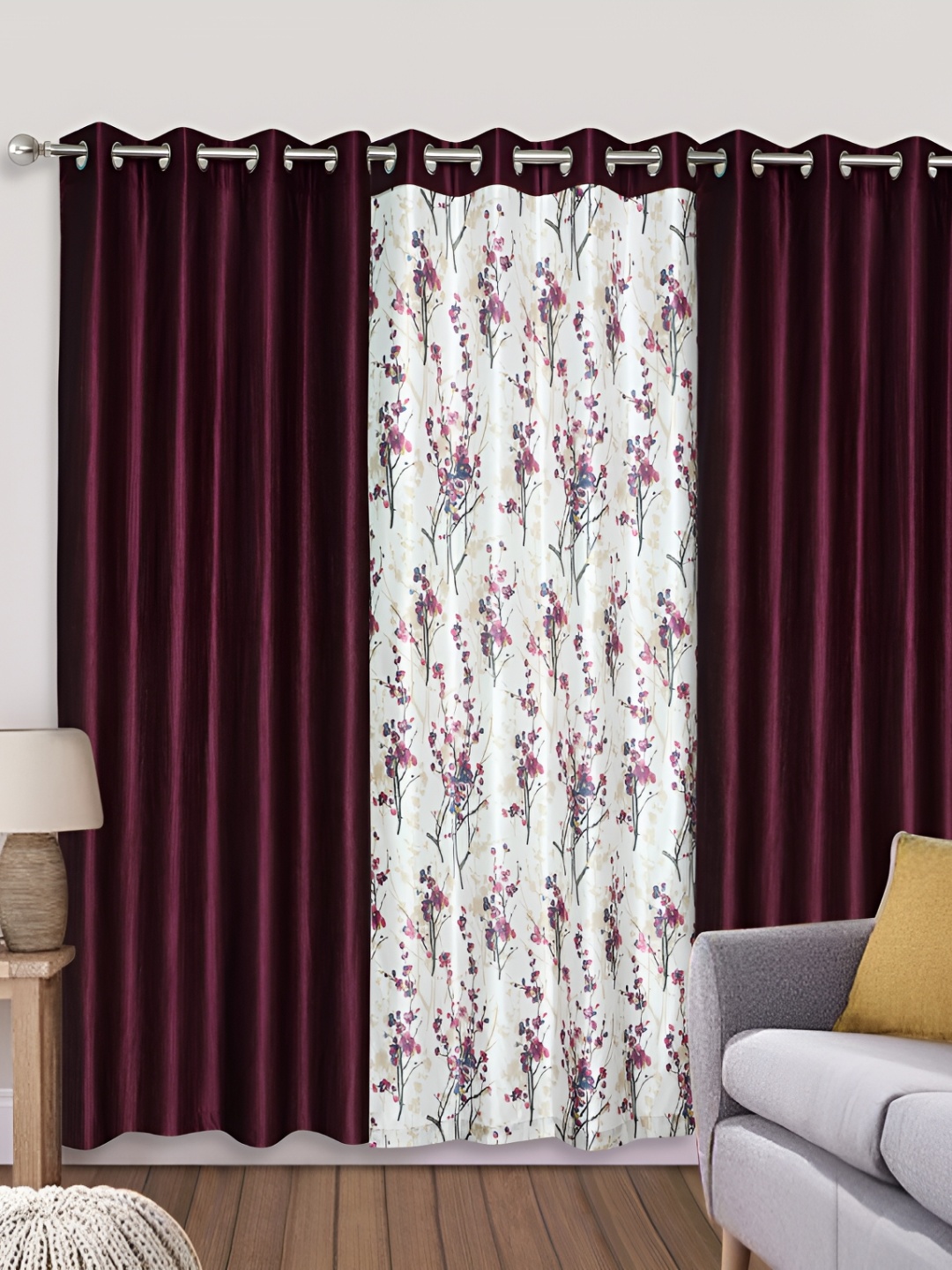 

REYANSH DECOR Maroon & White 2 Pieces Floral Regular Door Curtains