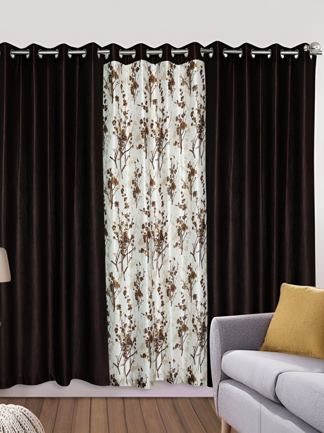 

REYANSH DECOR Brown & White 2 Pieces Floral Regular Door Curtains