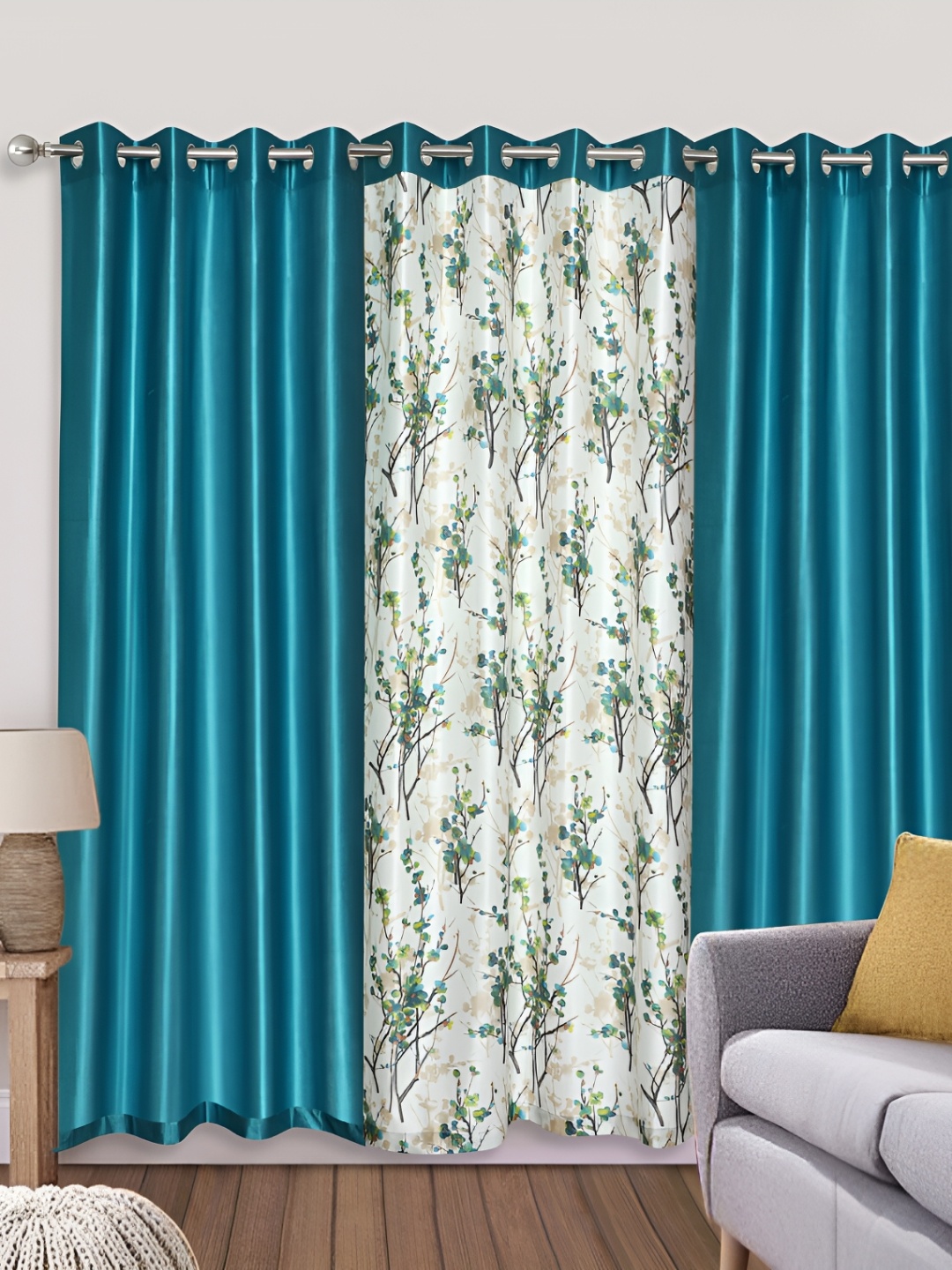 

REYANSH DECOR Turquoise Blue & Off White 2 Pieces Floral Eyelet Long Door Curtain