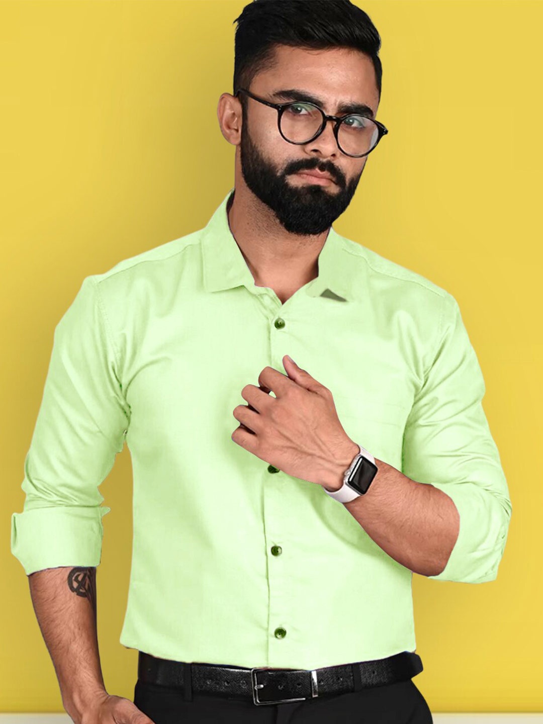 

1 Stop Fashion Standard Spread Collar Long Sleeves Formal Shirt, Lime green