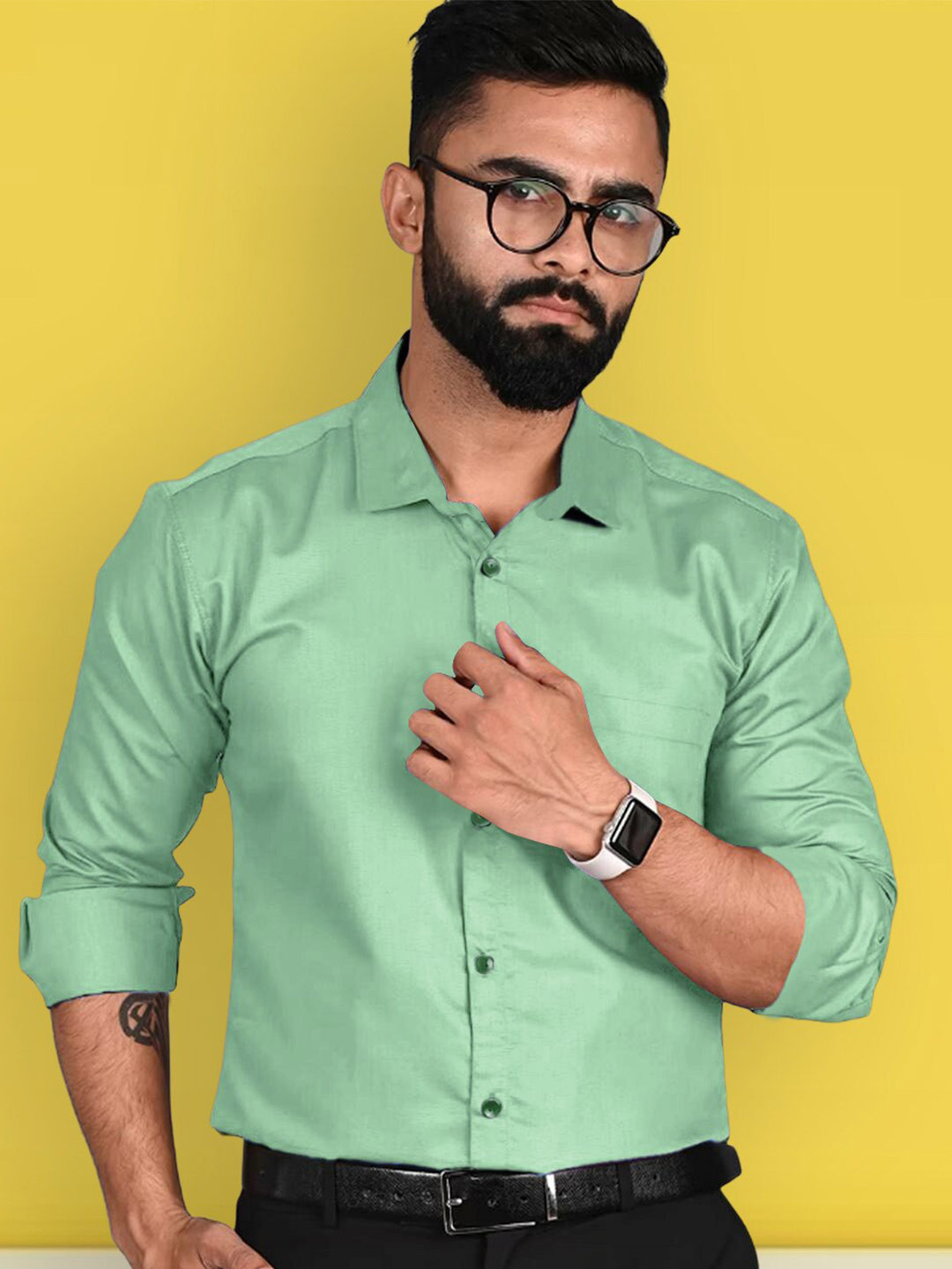 

1 Stop Fashion Standard Spread Collar Long Sleeves Cotton Formal Shirt, Lime green