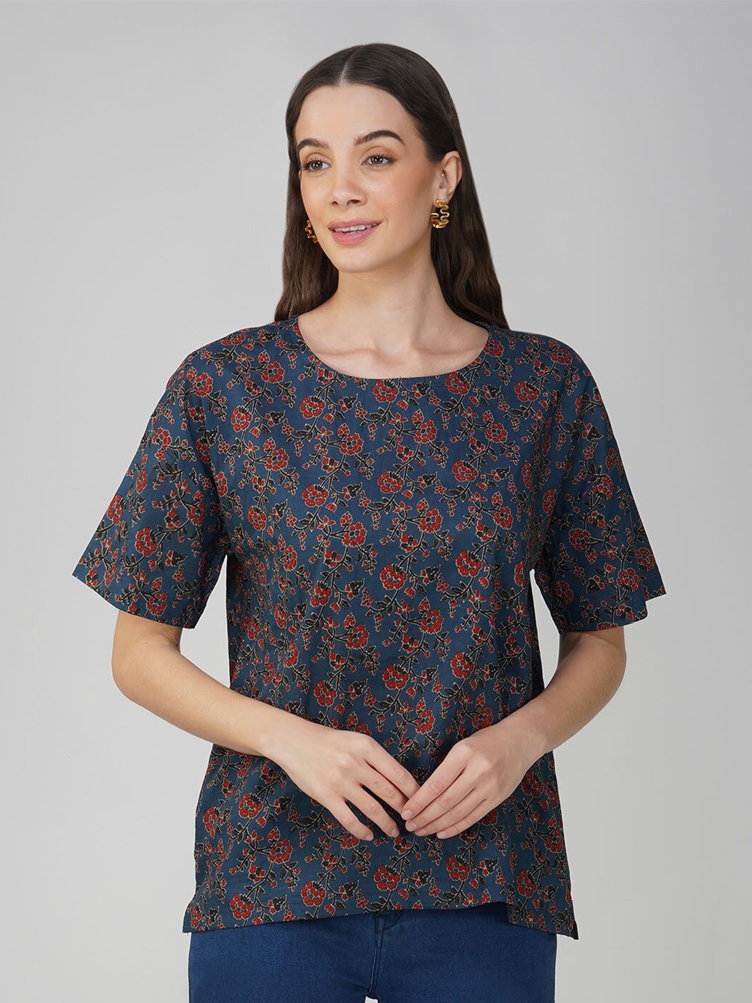 

SPARSA Floral Printed Pure Cotton Boxy Top, Blue