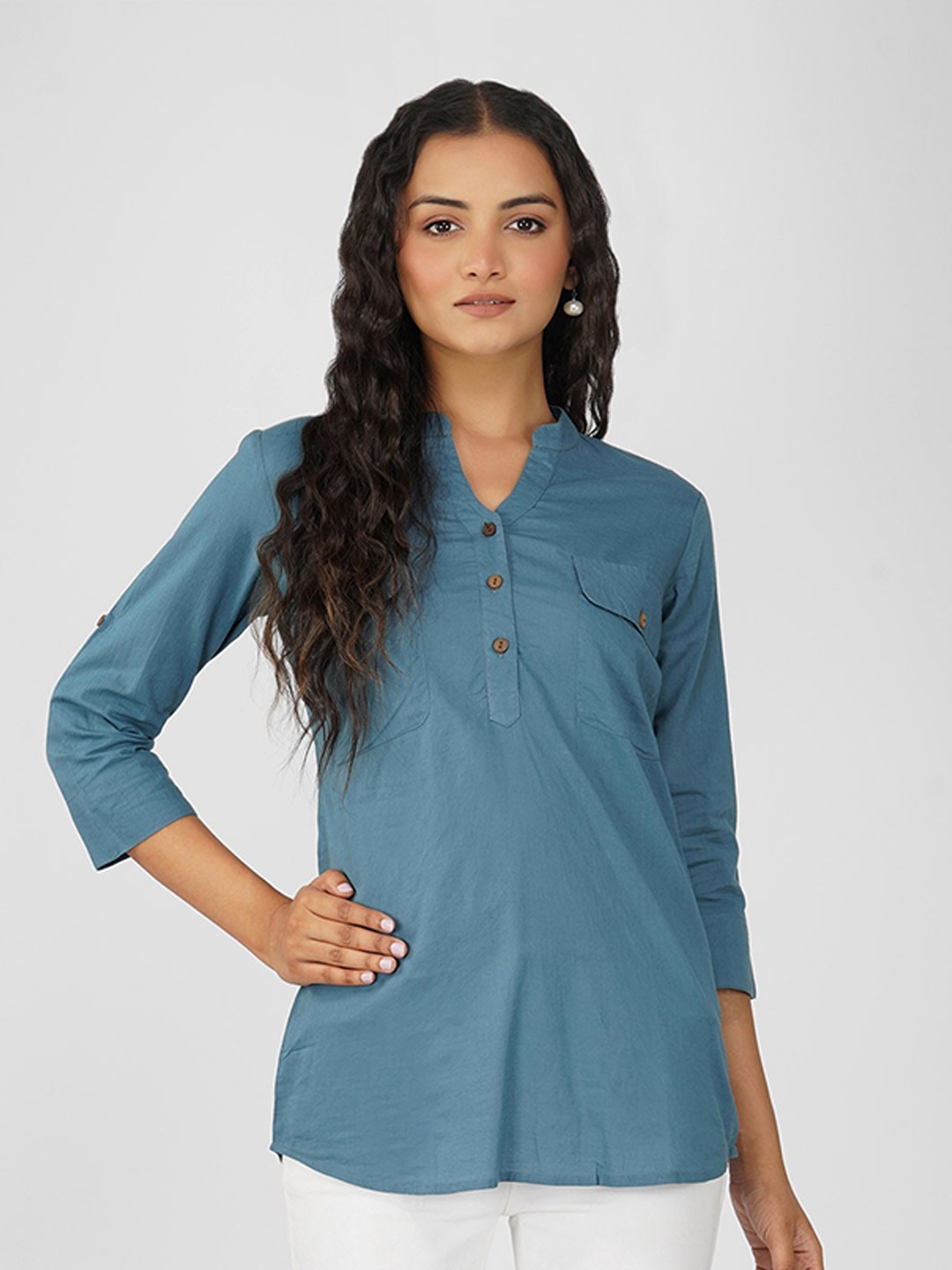 

SPARSA Mandarin Collar Roll Up Sleeves Pure Cotton Top, Blue