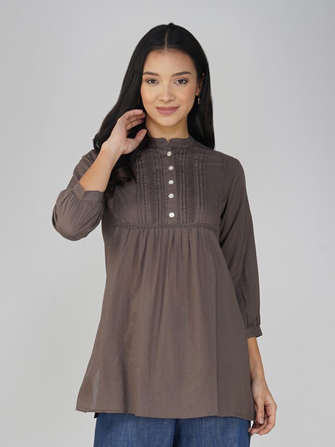 

SPARSA Mandarin Collar Puff Sleeve Pleated Pure Cotton Top, Grey