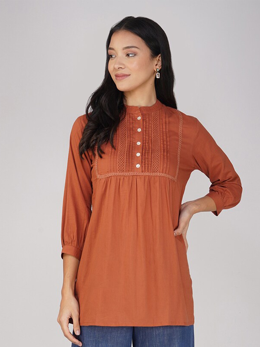 

SPARSA Mandarin Collar Puff Sleeve Pleated Pure Cotton Top, Rust