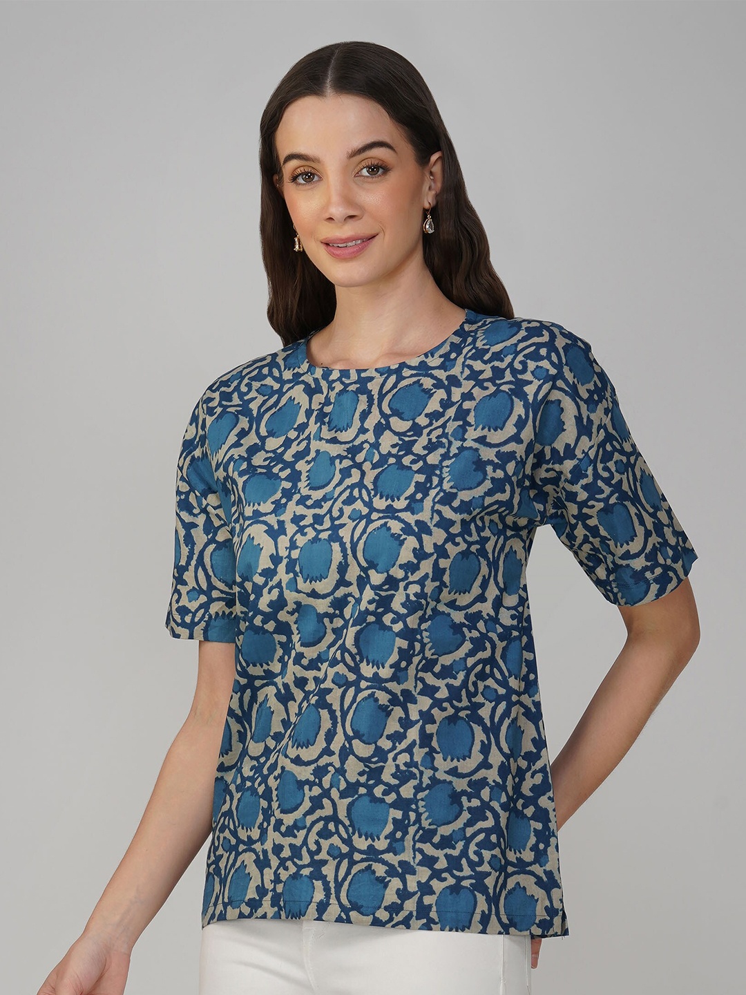 

SPARSA Floral Printed Pure Cotton Boxy Top, Blue