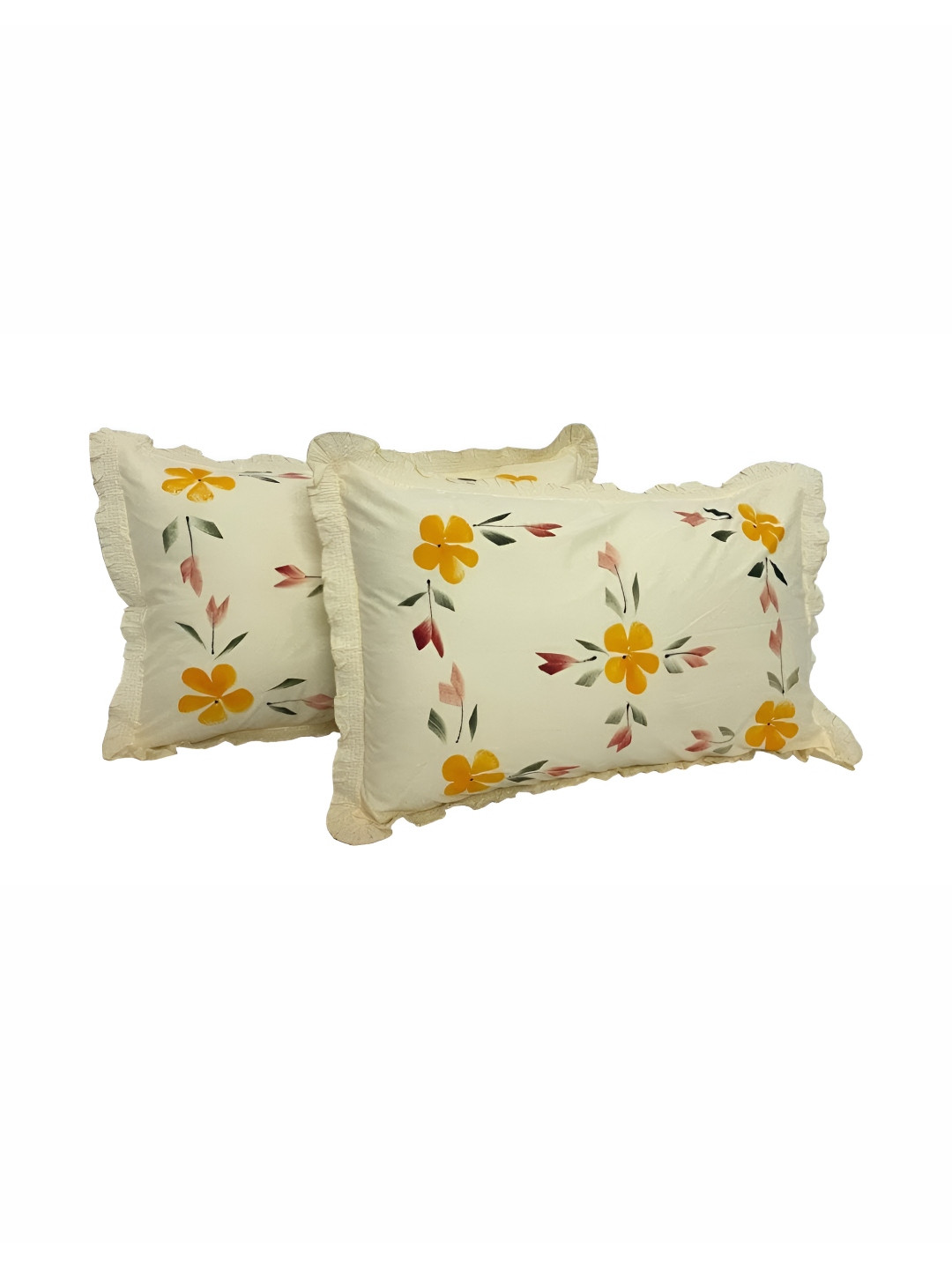 

CASA-NEST Cream & Red 2 Pieces Embroidered Design Rectangle Cotton Pillow Covers