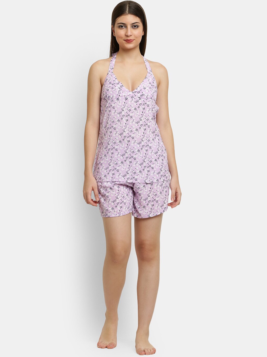 

USA FANTASY Floral Printed Halter Neck Pure Cotton Night suit, Purple