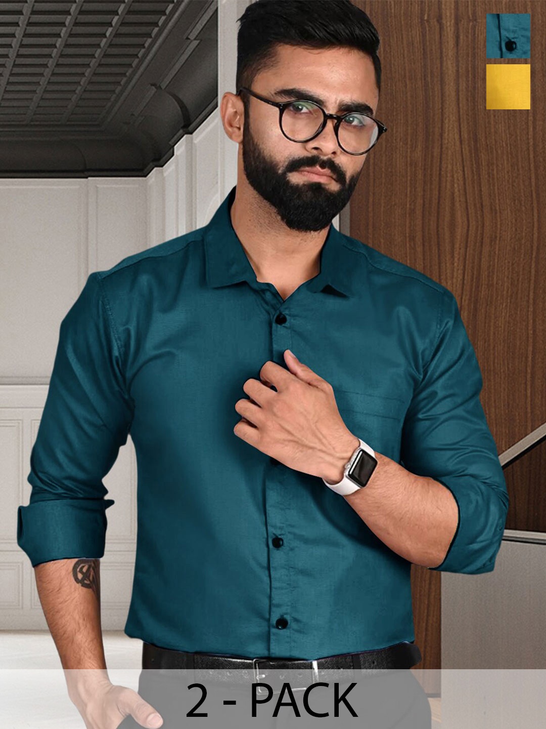 

7Threads Pack Of 2 Standard Spread Collar Formal Shirt, Green