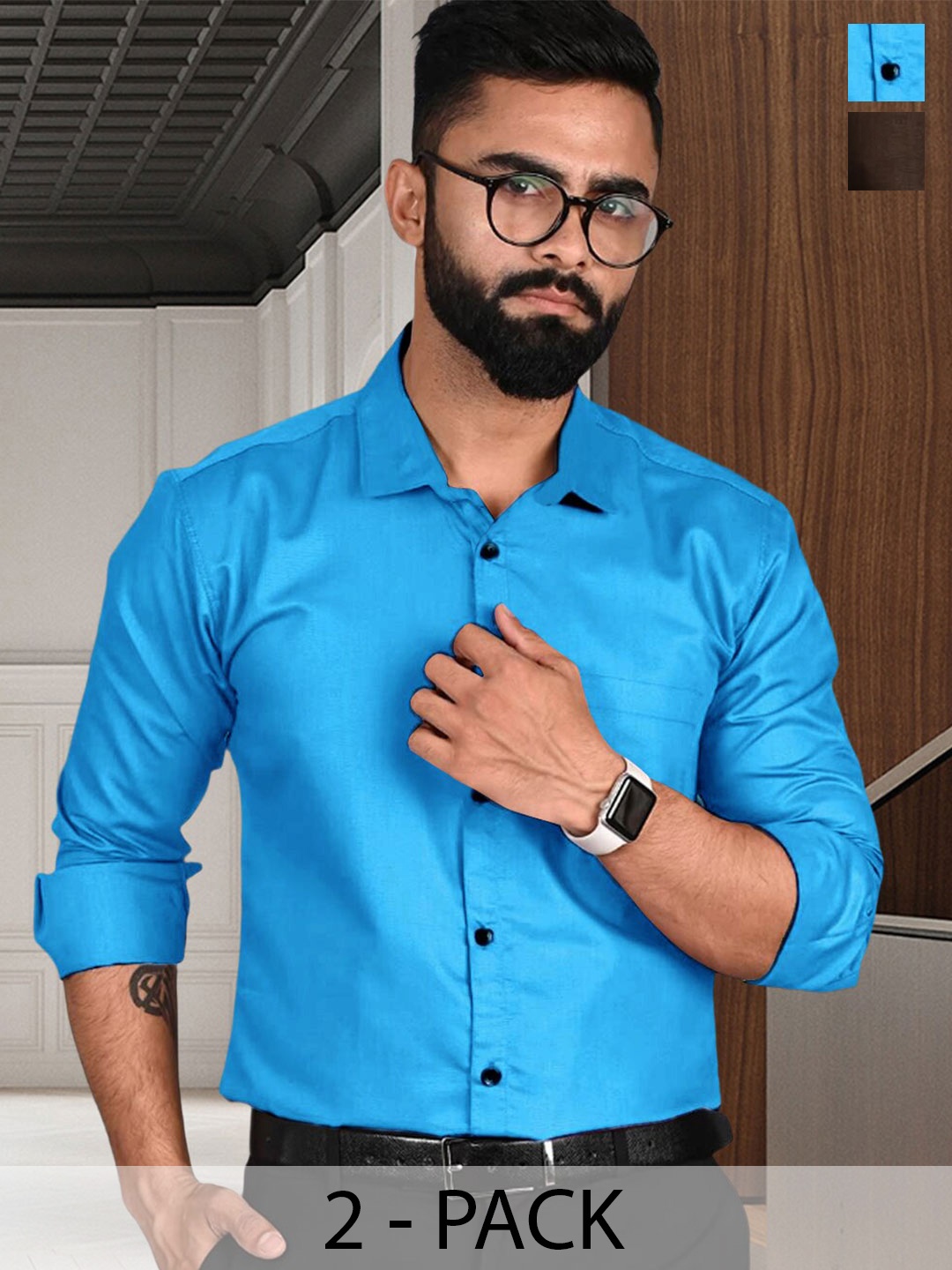 

7Threads Pack Of 2 Standard Spread Collar Formal Shirt, Blue