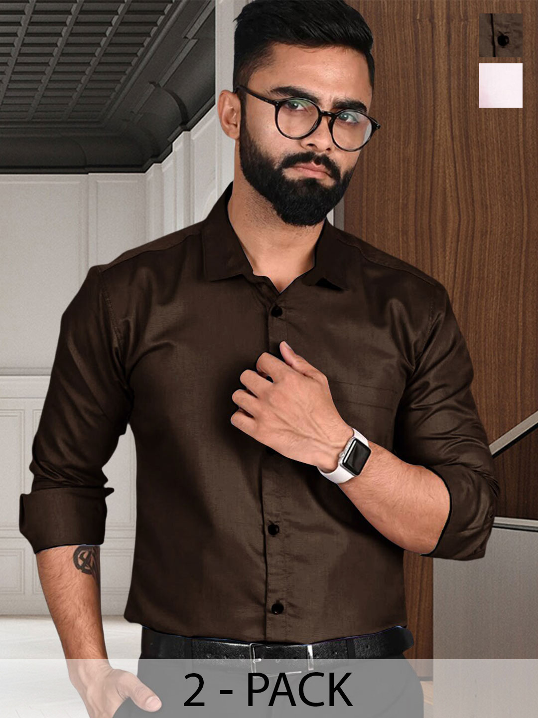 

7Threads Pack Of 2 Standard Spread Collar Formal Shirt, Brown