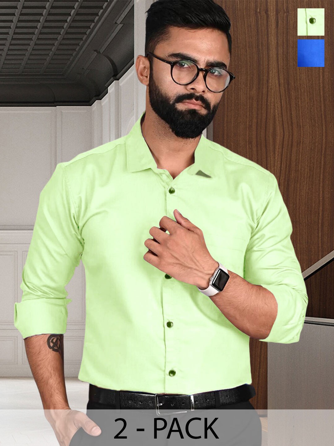 

7Threads Pack Of 2 Standard Spread Collar Formal Shirts, Green