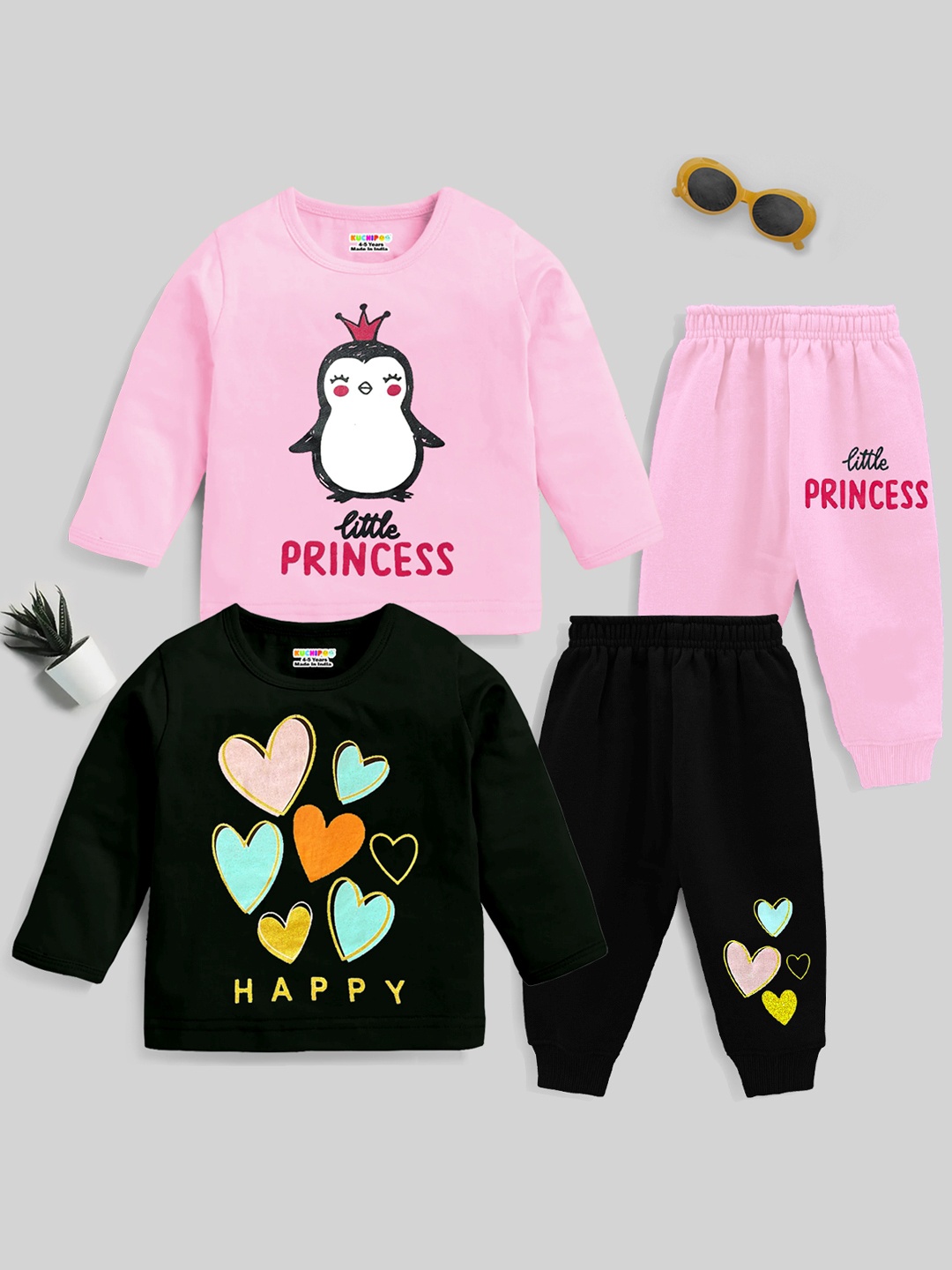 

KUCHIPOO Infants Girls Pack Of 2 Graphic Printed Clothing Set, Black