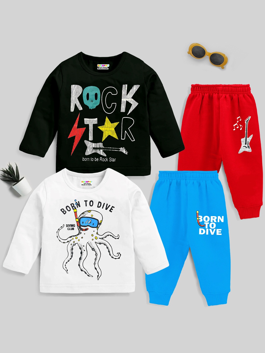 KUCHIPOO Boys Pack of 2 Typography Printed Clothing Set, Black