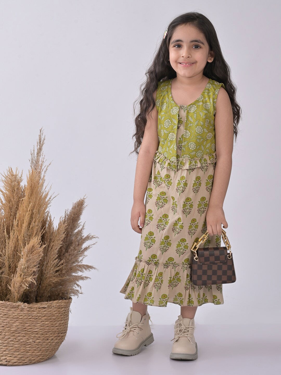 

Kinder Kids Girls Floral Printed Cotton A-Line Midi Dress With Jacket, Green