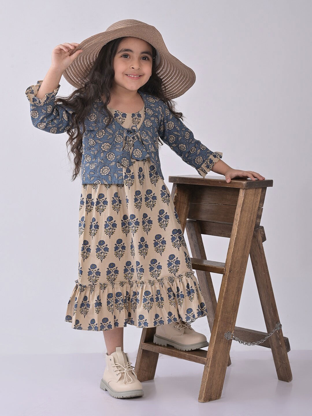 

Here&Now X Kinder Kids Girls Floral Printed Cotton A-Line Midi Dress With Jacket, Blue