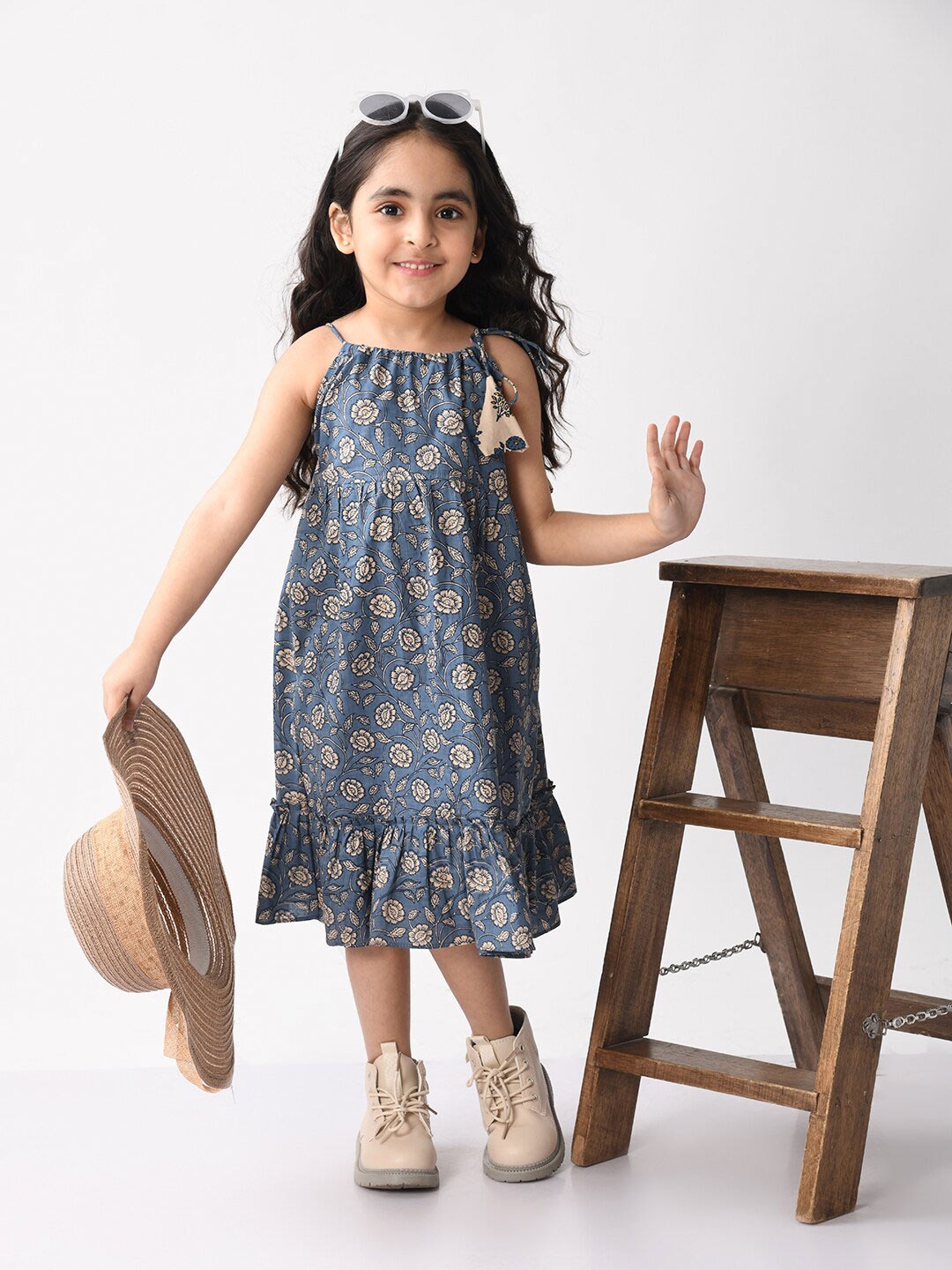 

Here&Now X Kinder Kids Girls Floral Printed Tiered Cotton A-Line Midi Dress, Blue