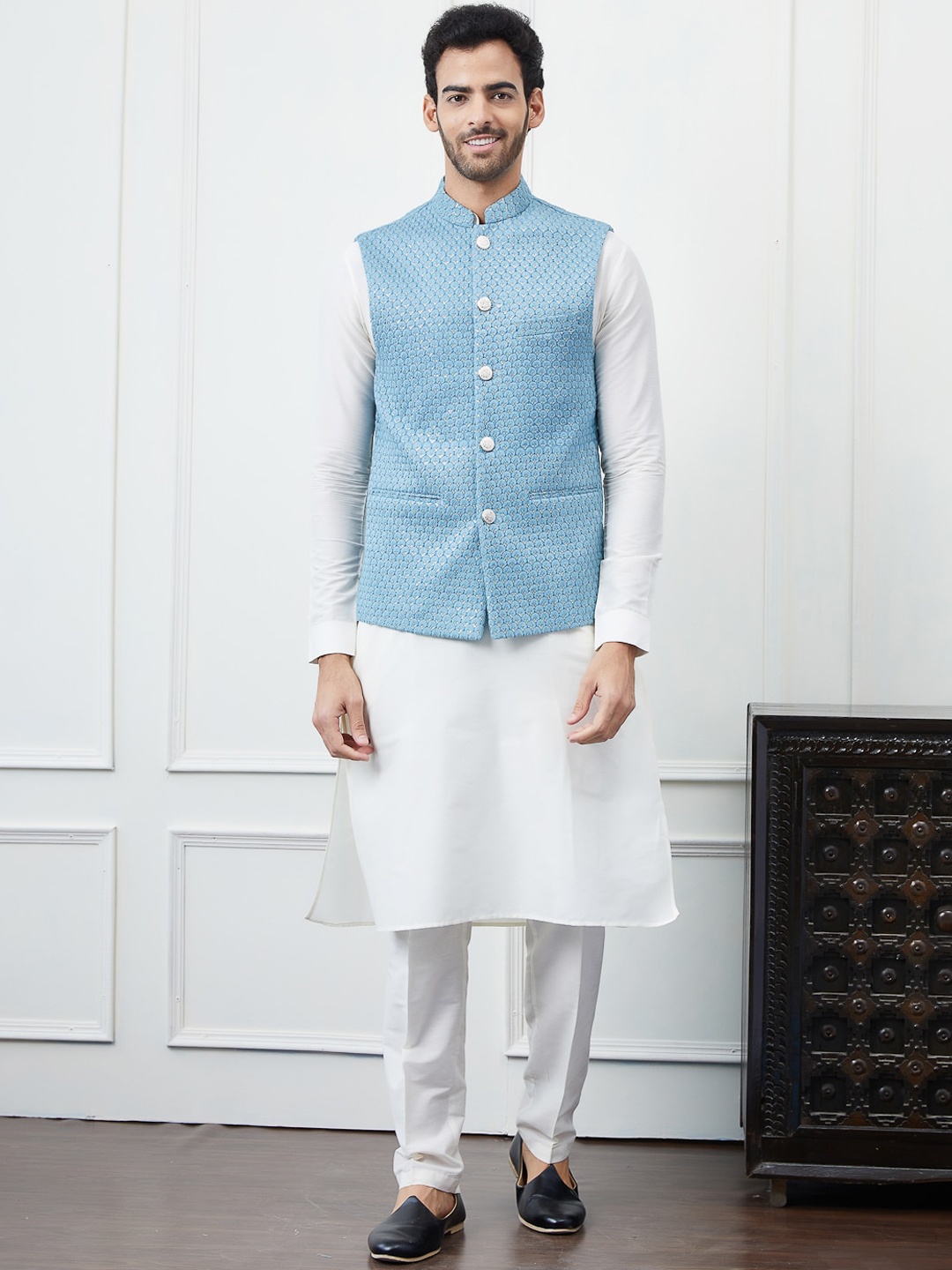 See Designs Mandarin Collar Pure Cotton Kurta with Pyjama & Woven Design Nehru jacket, Blue