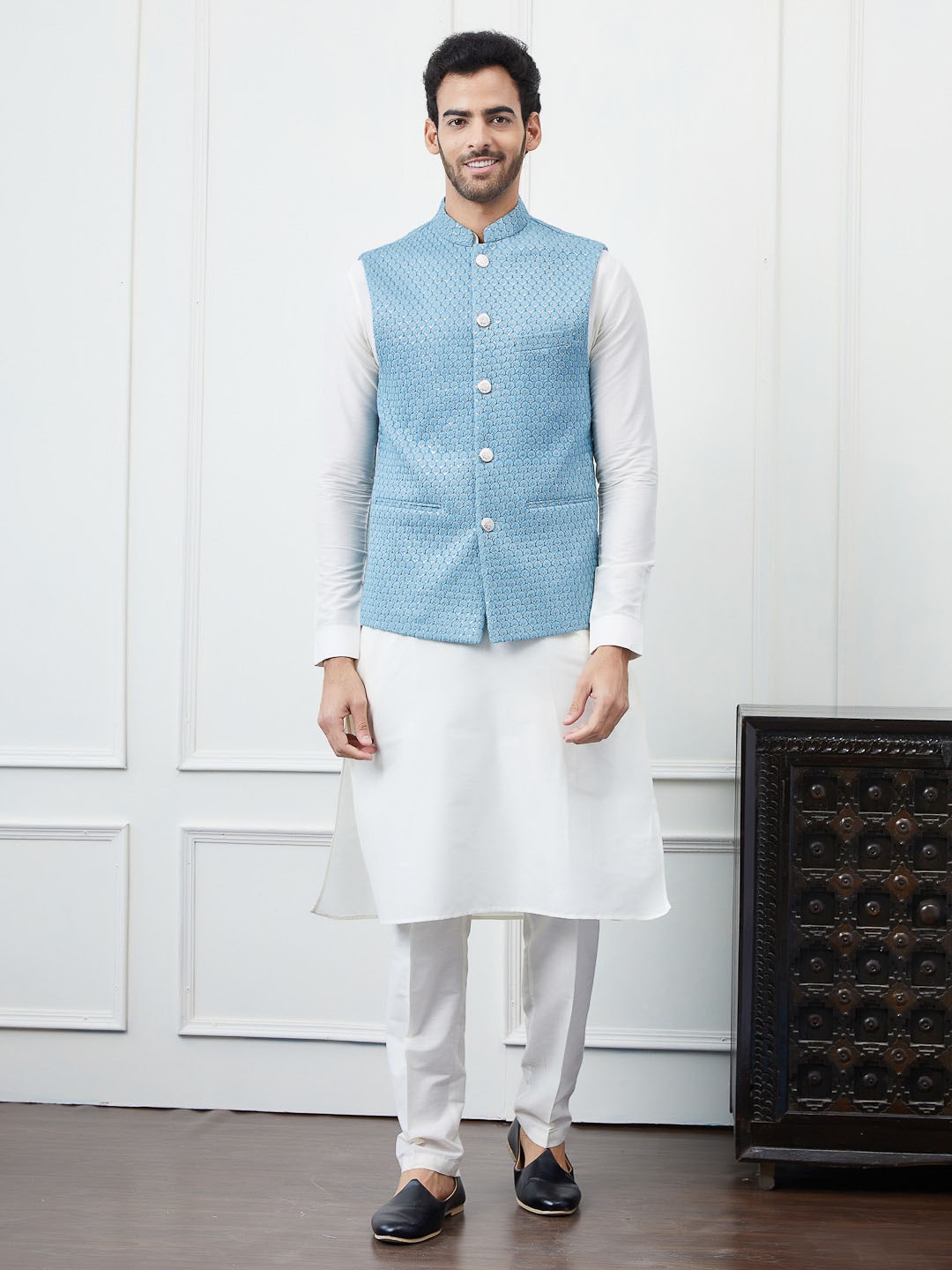 See Designs Woven Design Pure Cotton Slim Fit Nehru Jackets, Blue