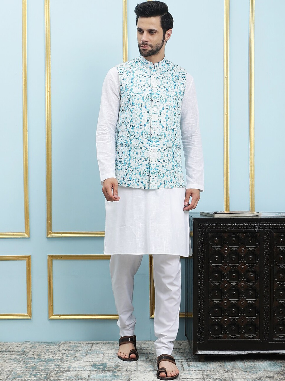 See Designs Mandarin Collar Pure Cotton Kurta with Pyjama & Printed Nehru jacket, White